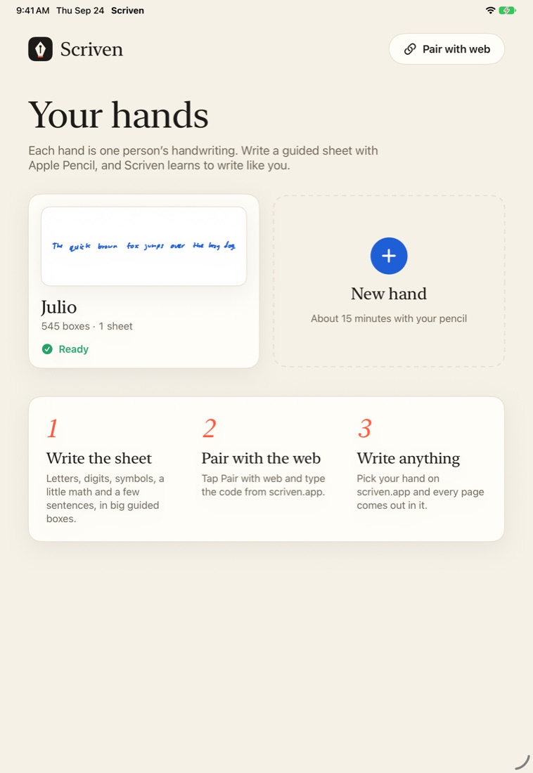 Your hands in the Scriven iPad app