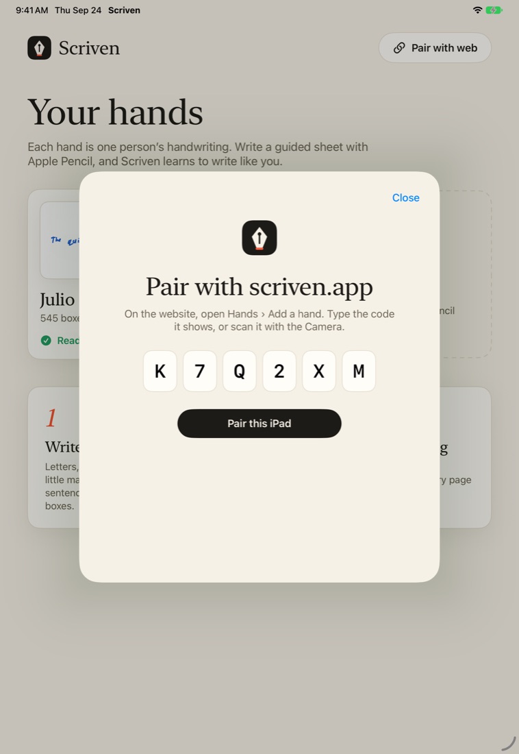 Pairing the Scriven iPad app with a six-character code